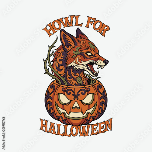 Halloween howling werewolf jack-o-lantern pumpkin design. Spooky cartoon illustration for holiday decorations and party invitations.