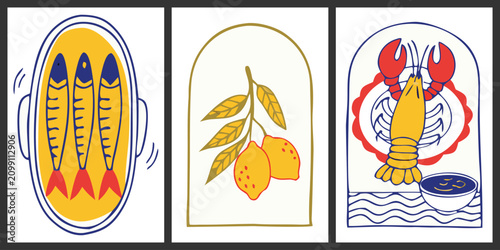 Mediterranean tinned seafood vector poster set with canned sardines fresh lemons branch and lobster in vintage retro art style.