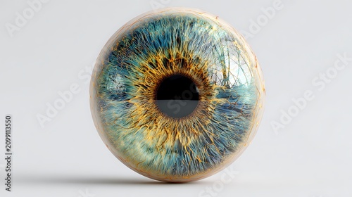 Realistic glass eyeball model with blue and gold iris pattern.