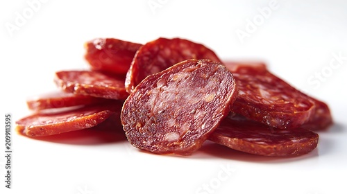 Heap of sliced chorizo sausage circles isolated on white background.