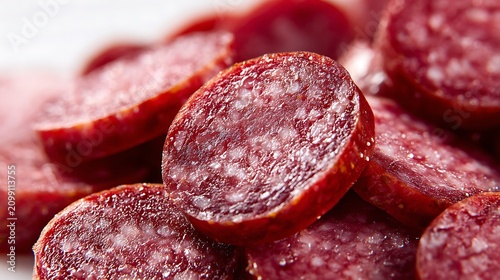 Close-up of sliced smoked salami sausage on white background.