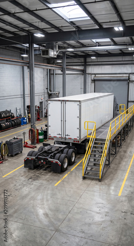 Trailer and heavy truck service area with long inspection pit, hoses, tools, and industrial garage floor markings for commercial vehicle maintenance