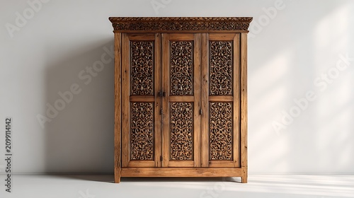 Vintage carved wooden wardrobe in a bright minimalist room.