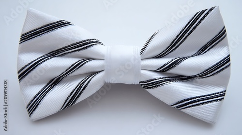 Elegant white bow tie with black stripes on white background.