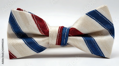 Classic White Bow Tie with Blue and Red Stripes on White Background.