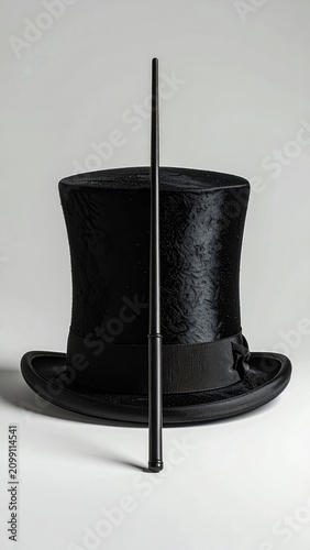 Black velvet top hat with a slender, upright wand balanced on its brim