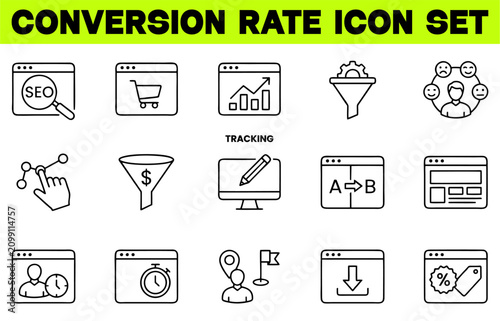 Conversion Rate Icon Set - Editable Stroke Vector Icons for Target Audience, Customer Behavior, Analytics, Split Testing and User Experience
