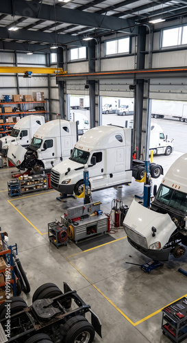 Overhead view of a truck repair workshop with service bays, trucks, tool carts, and equipment on the garage floor for commercial vehicle maintenance