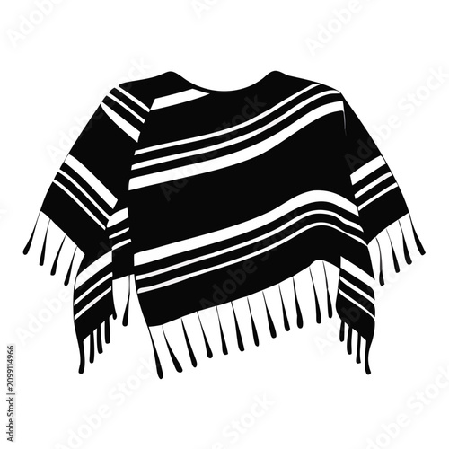 Black and white serape blanket with distinct striped pattern and fringe details. Traditional Mexican serape blanket features cultural textile design, an authentic style element.