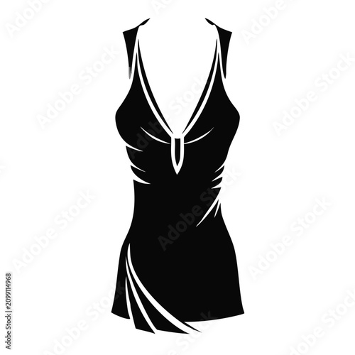 Black silk v-neck top plunging neckline silhouette on clean white background. Luxurious silk v-neck top plunging neckline garment features elegant design and flowing fabric.