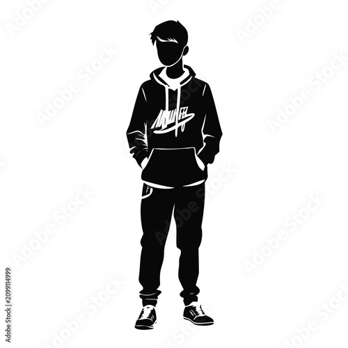 Silhouette of stylish graphic sweatshirt worn by young person, standing with hands in pockets. Modern graphic sweatshirt fashion represents urban youth lifestyle and contemporary style.