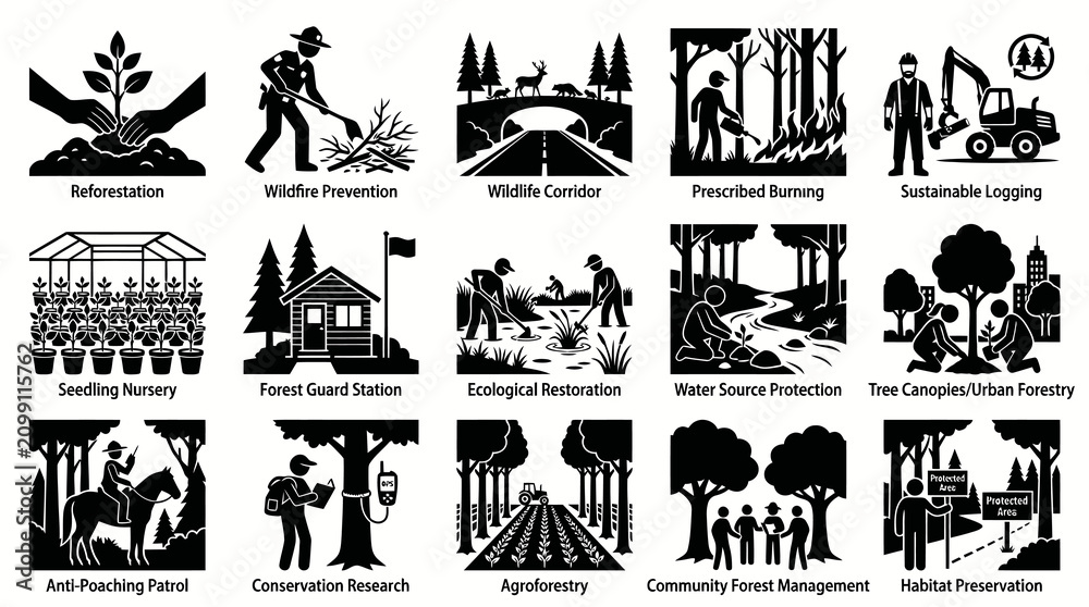 Fototapeta premium Forestry, Environment Nature Conservation Glyph Icons Set. Sustainable Management Black and White Vector Silhouettes.