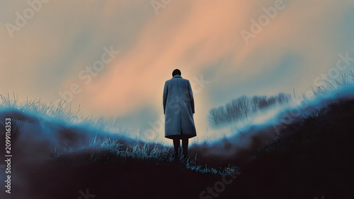 Solitary figure in a long coat standing on a grassy hill surrounded by blue fog, dramatic orange sunset sky, cinematic atmospheric landscape, mystery and loneliness concept