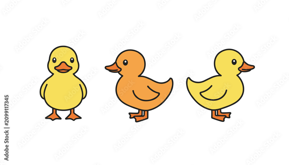 Naklejka premium Three cute yellow ducklings are displayed in different positions including front view, side profile, and angled orientation.