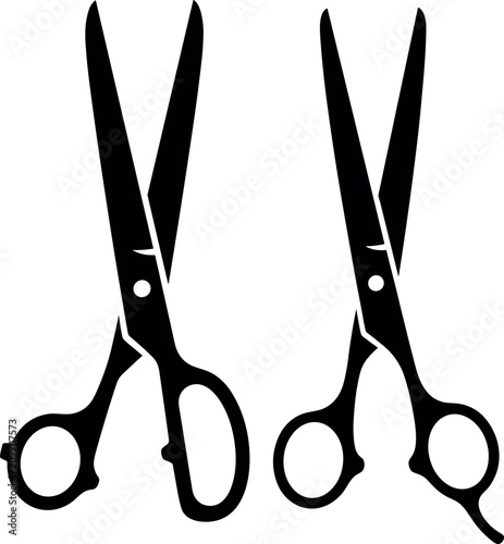 Foto Two professional black silhouettes of sharp hair cutting scissors and barber shears isolated on a plain white background