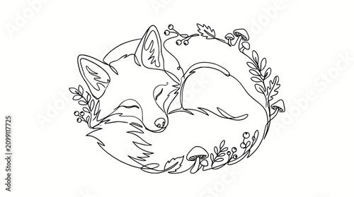 Bild auf Leinwand Sleeping Fox in Floral Wreath - Single Line Art Illustration