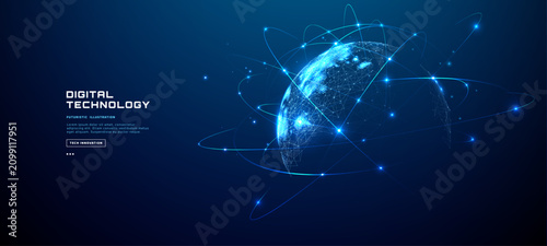 Digital world map with glowing network connections on blue globe surface, featuring orbital lines and illuminated dots in futuristic wireframe design. Global connection concept. Vector illustration.
