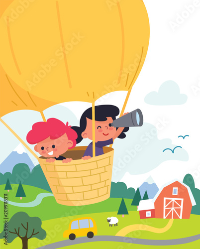 Children are traveling and riding aboard in a hot air balloon.  Kids in a hot air balloon basket. Ballooning. An exciting and thrilling journey, an adventure. 