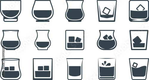 Whiskey Glass Icon Collection with Tumbler, Rocks Glass, Cocktail, Bourbon, Scotch, and Ice Cube Drink Symbols for Bar Vector Design