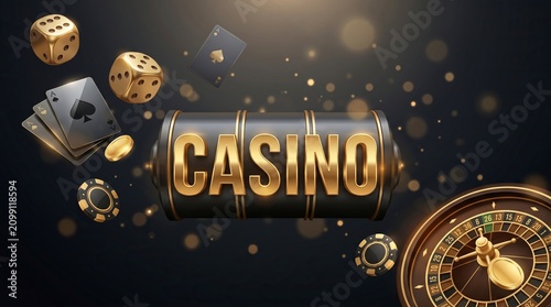 Casino slot machine with gambling elements. Golden dice and playing cards on dark background.
