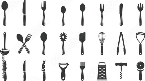 Bild auf Leinwand Kitchen Utensil Silhouette Icon Set Featuring Fork, Spoon, Spatula, Whisk, Peele