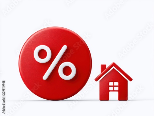 Red percentage sign and house icon concept for low mortgage interest rates and real estate financial savings graphic