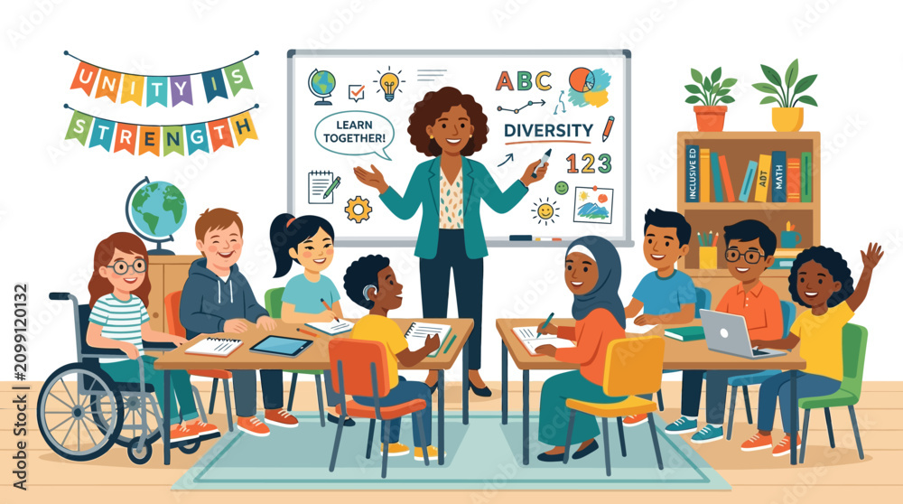 Fototapeta premium Diverse classroom with teacher and students engaged in learning activities