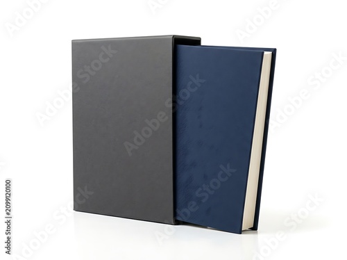 A blue hardcover book sliding out of a dark grey protective cardboard slipcase sleeve for storage. book mockup psd