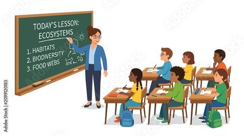 Teacher explaining ecosystems to diverse classroom of attentive students