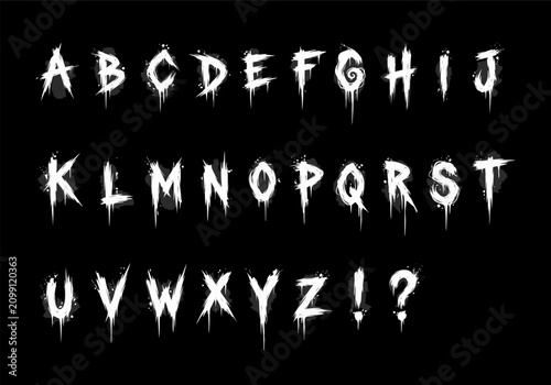 Spooky white English alphabet with dripping paint effect on black background. Perfect for Halloween, horror posters, grunge designs, and creepy typography projects. Vector illustration.