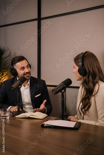 Two Professionals Having a Business Podcast Conversation in a Modern Studio with Microphones and Headphones