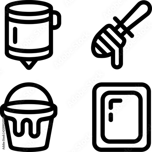 Fotografija Beekeeping and honey production icons set featuring a settling tank, dripping bu