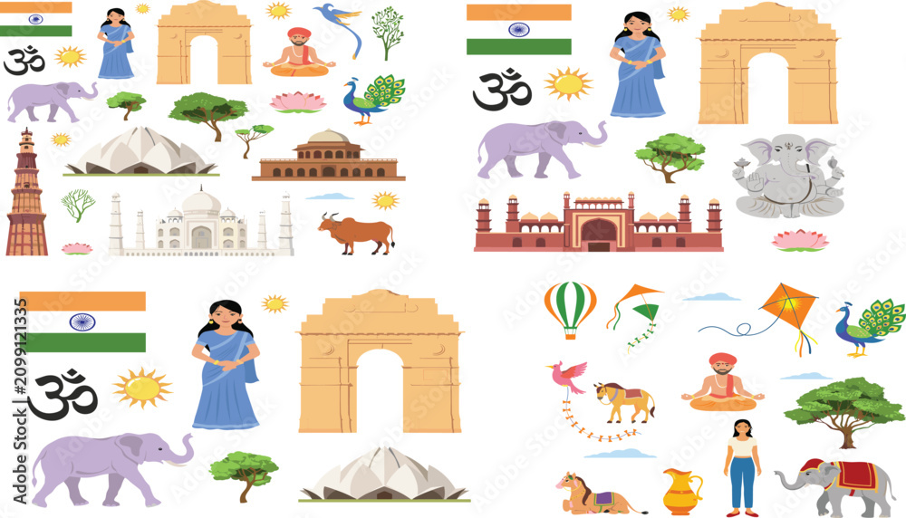 Fototapeta premium India Culture and Landmark Icon Collection Vector Set with Monuments, Wildlife, Festivals, Yoga, and Traditional Symbols