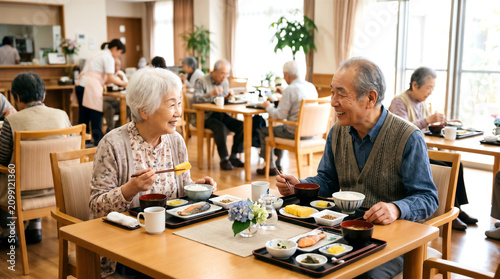 食堂で朝食をとる高齢夫婦