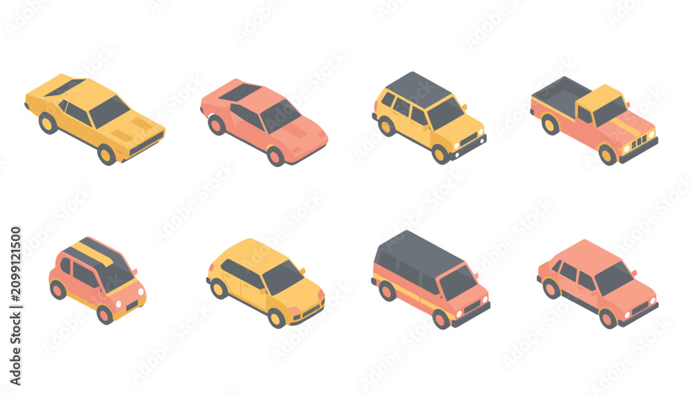 Fototapeta premium Collection of eight various isometric toy vehicles displayed in a set with vibrant yellow and coral color schemes on white.