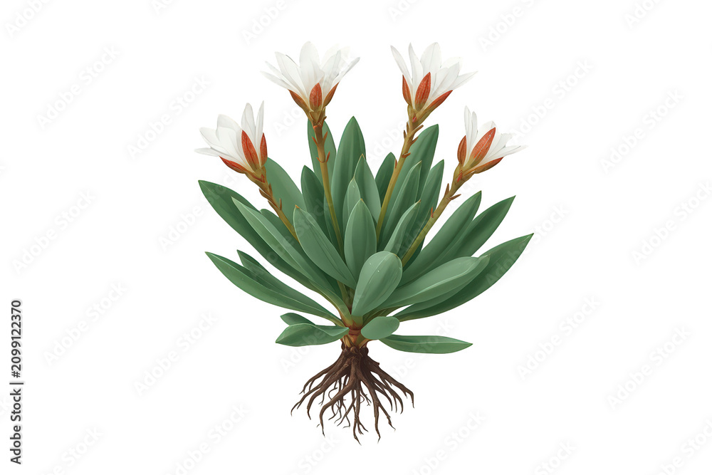 Fototapeta premium Flowering plant with white petals and green leaves growing from roots, botanical illustration on transparent background