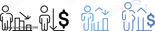 Poverty rate icon featuring multiple styles for economic inequality, social condition analysis, demographic statistics, and editable vector illustration.