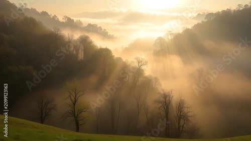 Winding tree-lined valley filled with morning mist and sun rays.