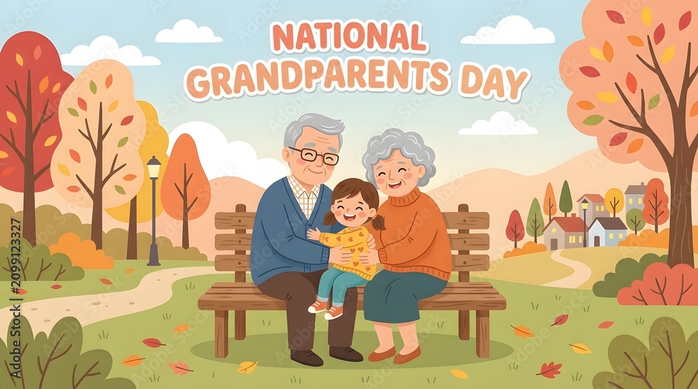 Fototapeta premium National grandparents day illustration loving elderly couple with grandchild in autumn park