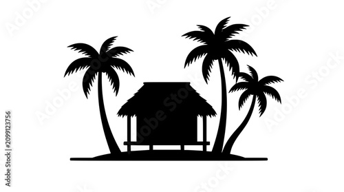 Tropical Island Hut Silhouette with Palm Trees