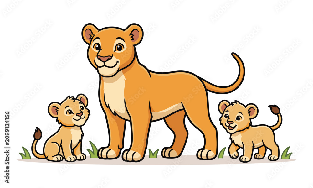 Fototapeta premium Cute, smiling, cartoon, lioness, standing, with, two, adorable, little, baby, cubs, isolated, on, white, background, featuring, wildlife, animal, family, illustration