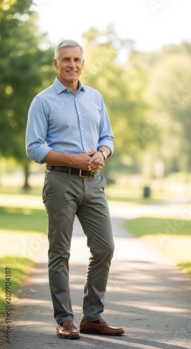 Confident Mature Man Standing Outdoors in Park.