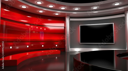 Modern news studio background. Virtual broadcast set with red walls and digital screen.