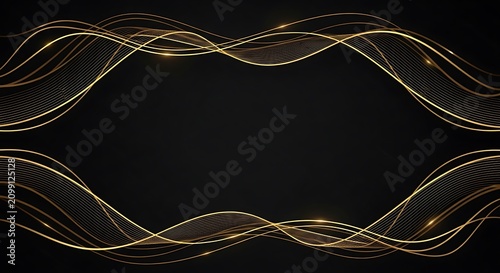Elegant Gold and Silver Wave Lines on Black Background.