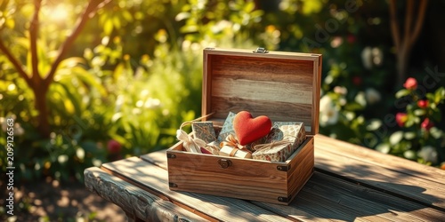 Wooden chest filled with wrapped gifts and a heart-shaped decoration on a garden table in sunlight