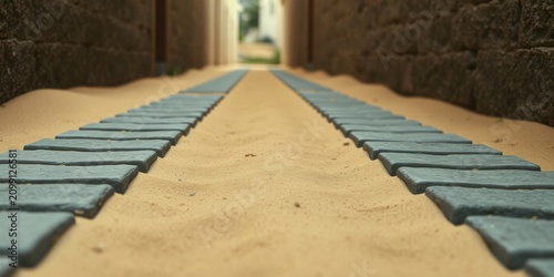 Serene pathway of grey stone slabs on a sandy surface between stone walls leading to a distant perspective.