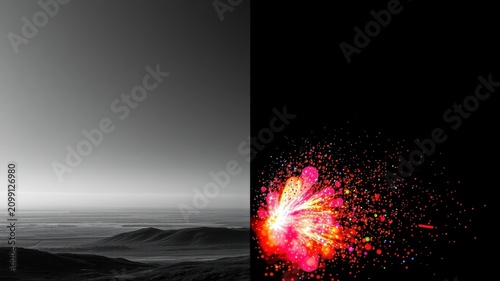 Serene Landscape Meets Vibrant Abstract Explosion of Color