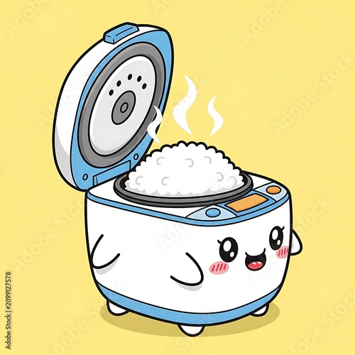 Cute Cartoon Rice Cooker with Steaming Rice Illustration.