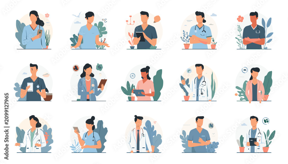 Fototapeta premium A collection of diverse medical professionals, including doctors and nurses, depicted in a modern, flat illustration style with subtle plant elements.