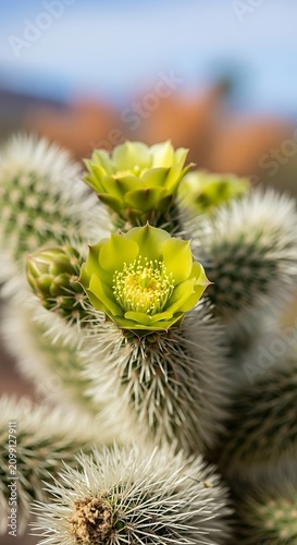 Close-up of Green Cactus Flowers with Spines and Blooming Yellow Blossoms.